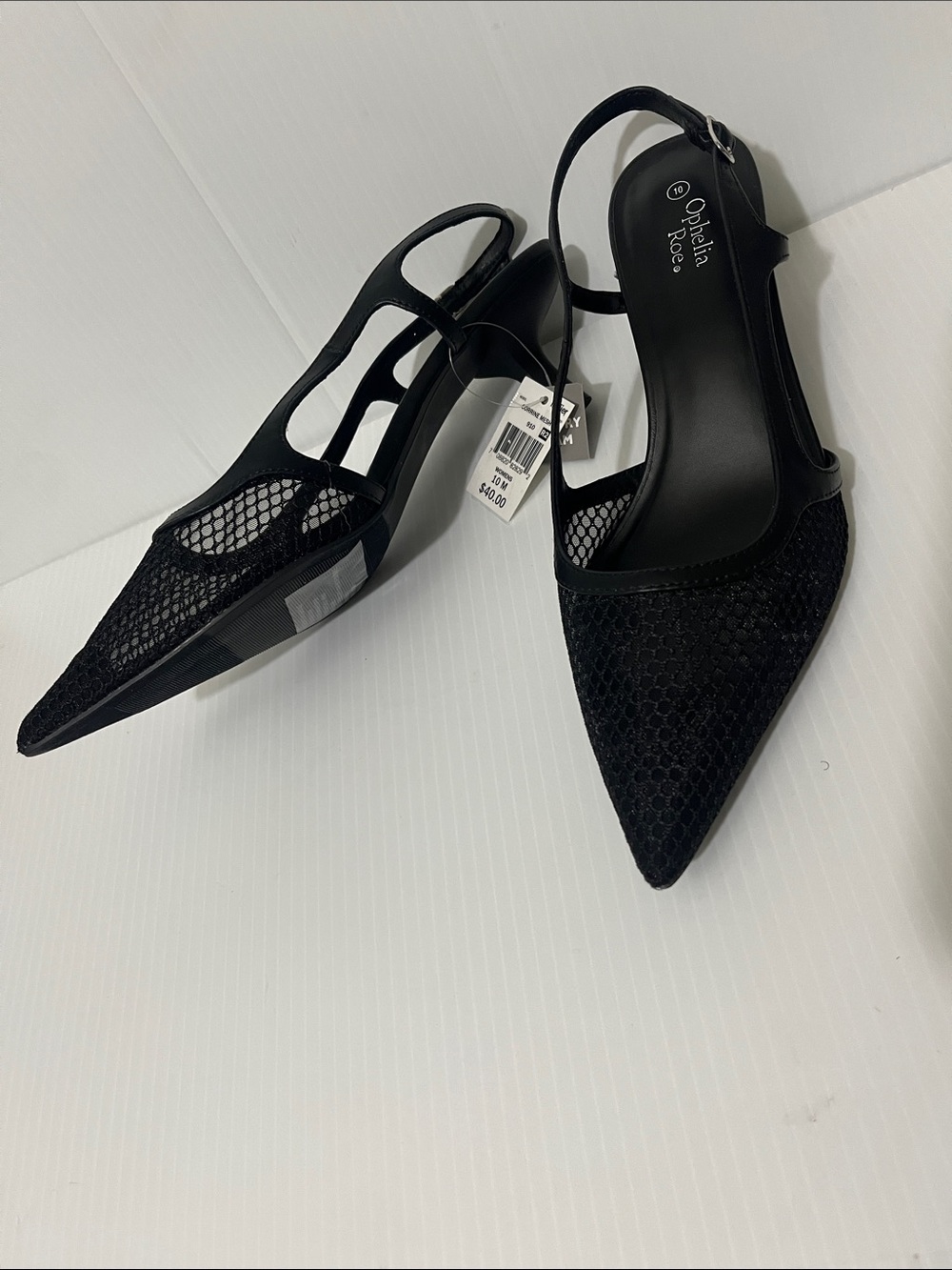 Black Corrine Pointed Mesh Slingback low block Heels for Women.